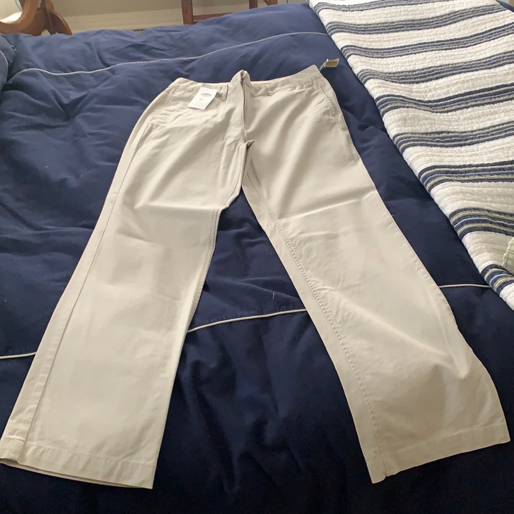 Talbots stone colored pants.  95% cotton, 5% spandex.  Mid-rise.  Brand new.